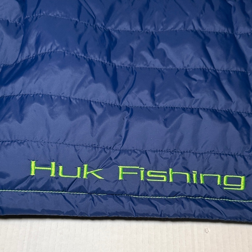 HUK Fishing Jacket Men's XXL Quilted Puffer Zip Up Blue Lime Green - Picture 4 of 10